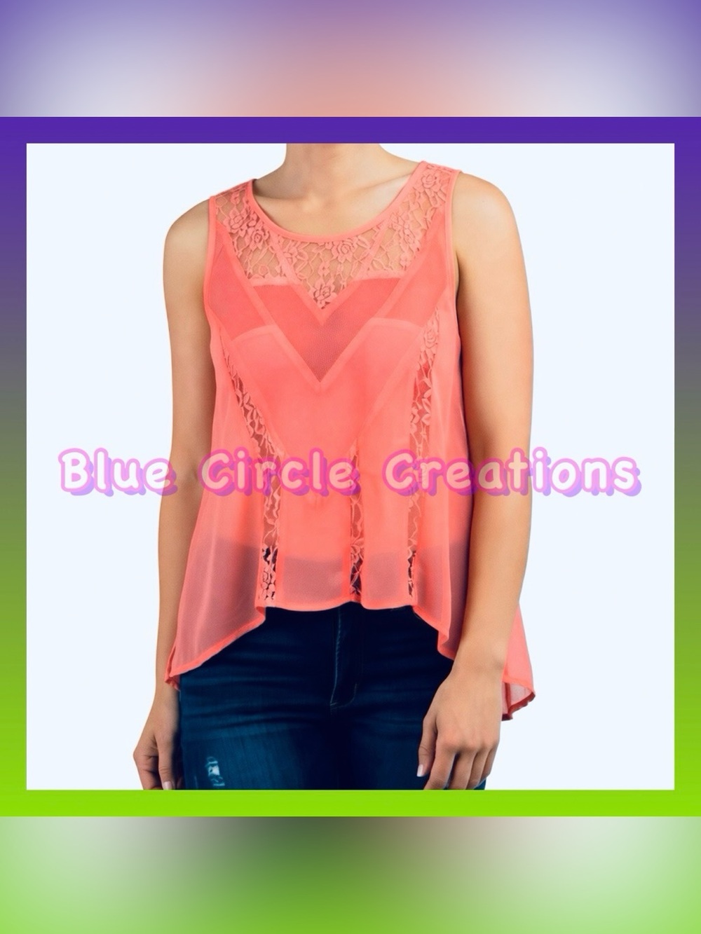 The Clothing Company Hi-Lo Sleeveless Top Coral Sheer with Lace Detailing NWT M